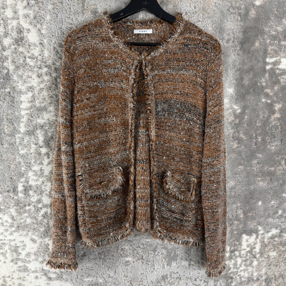 SIONI Size M Sequin Boucle Tweed Open Front Cardigan Jacket Brown Women